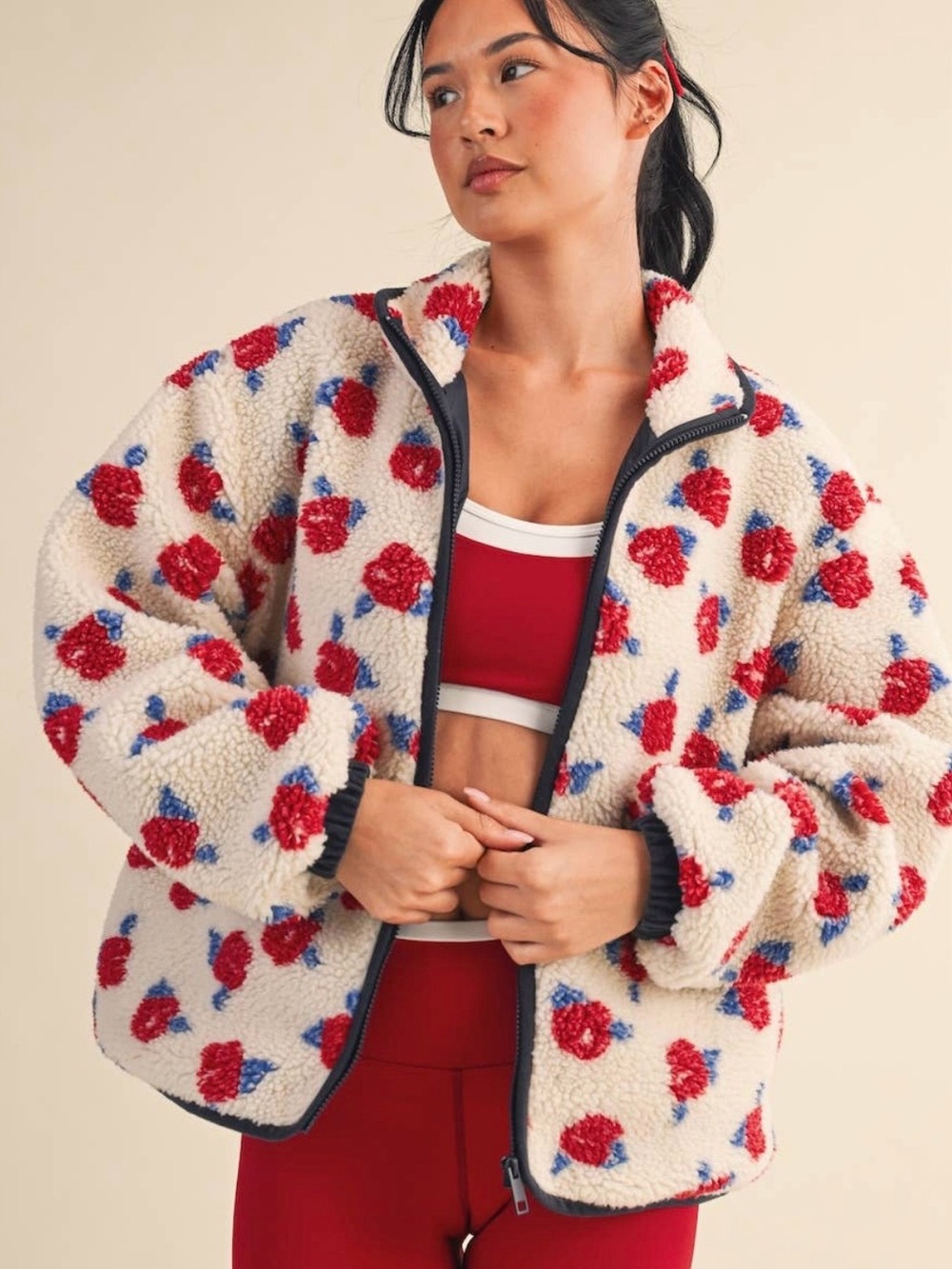 Cozy Floral Sherpa Jacket - Cream/Red